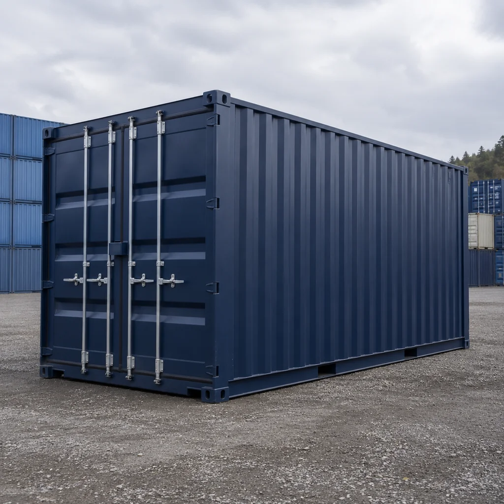 En 20 fods container fotograferet tæt på, med synlig korrugering og CSC-plade